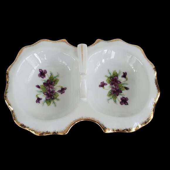 VTG Lipper & Mann Victorian Divided Candy Nut Dish Hand Painted Violet Porcelain - Picture 1 of 11